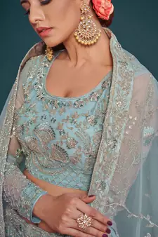 sea blue embroidered net lehenga set choli with dupatta
