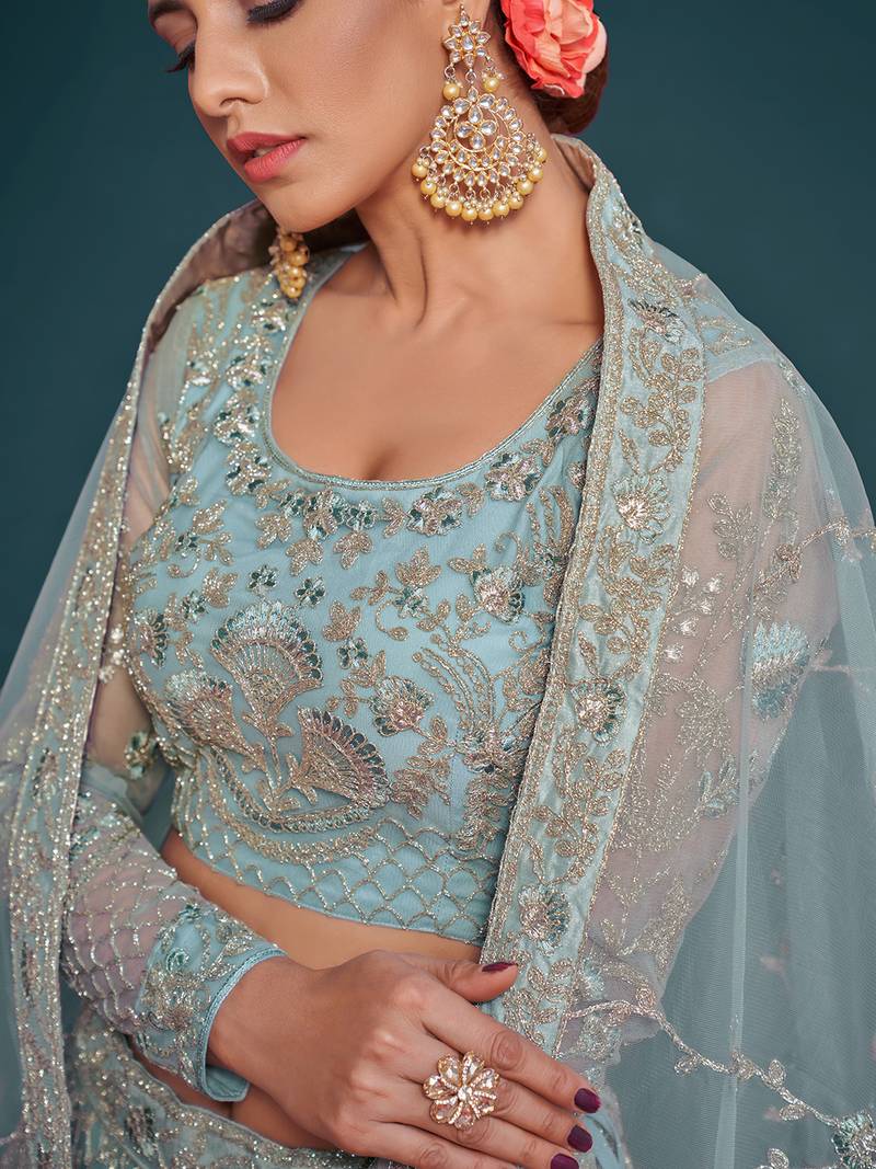 Glamorous Sea Blue Embroidered Net Wedding Wear Lehenga Choli  