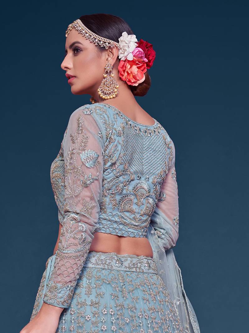 Glamorous Sea Blue Embroidered Net Wedding Wear Lehenga Choli  