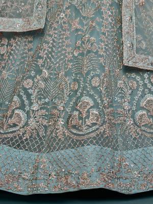 sea blue embroidered net lehenga set choli with dupatta 9