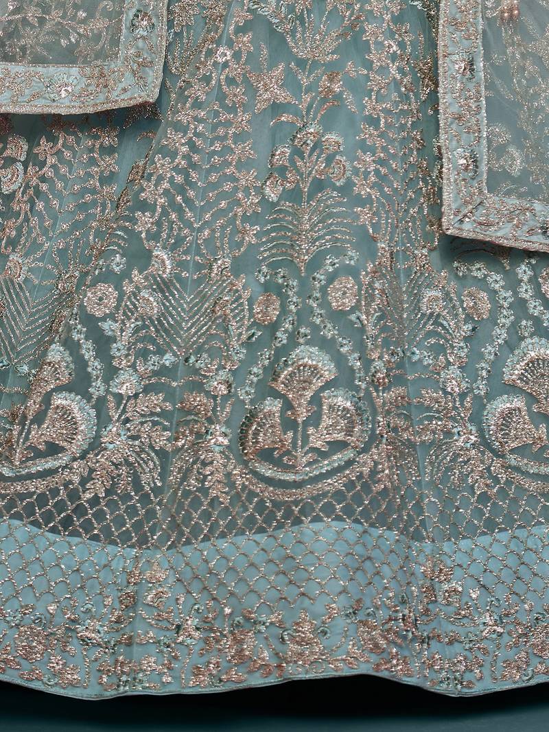 Glamorous Sea Blue Embroidered Net Wedding Wear Lehenga Choli  