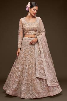 Glamorous Beige Embroidered Net Wedding Wear Lehenga Choli