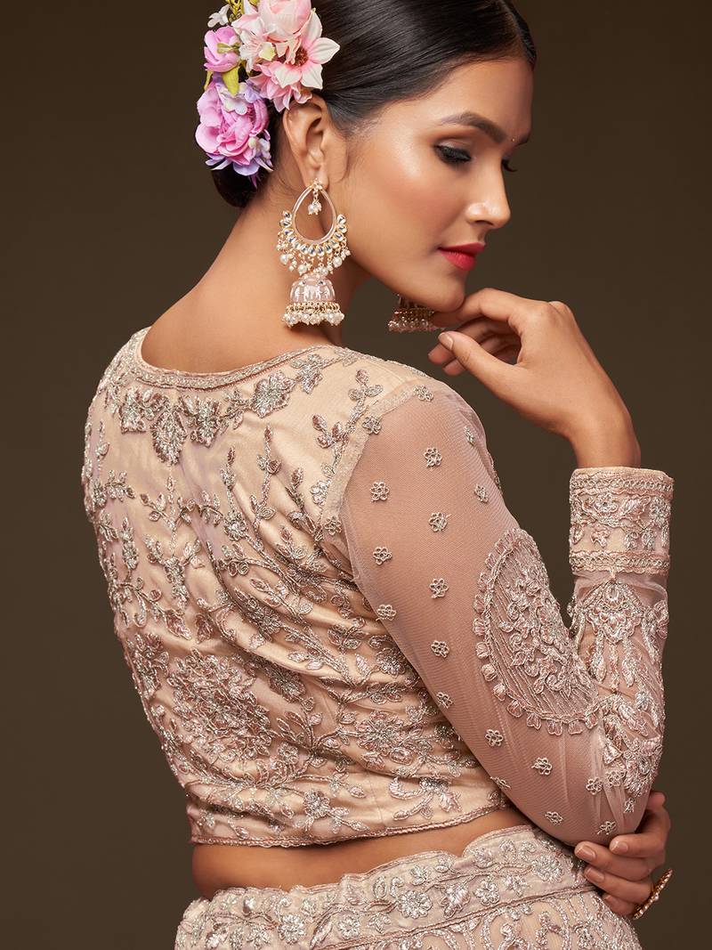 Glamorous Beige Embroidered Net Wedding Wear Lehenga Choli