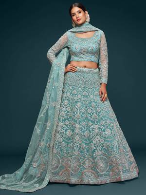 sea blue embroidered net lehenga set choli with dupatta 1