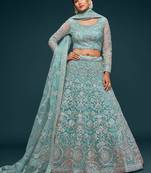 Glamorous Sea Blue Embroidered Net Wedding Wear Lehenga Choli