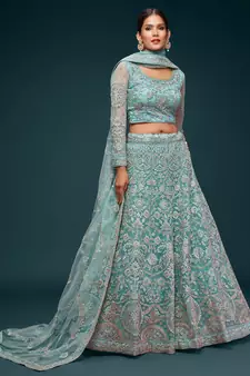 sea blue embroidered net lehenga set choli with dupatta