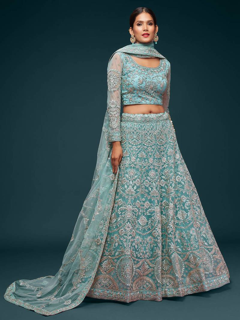 Glamorous Sea Blue Embroidered Net Wedding Wear Lehenga Choli