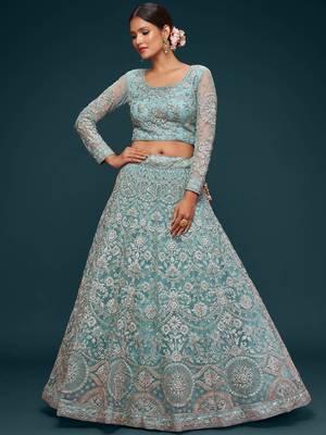 sea blue embroidered net lehenga set choli with dupatta 3
