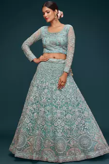 sea blue embroidered net lehenga set choli with dupatta