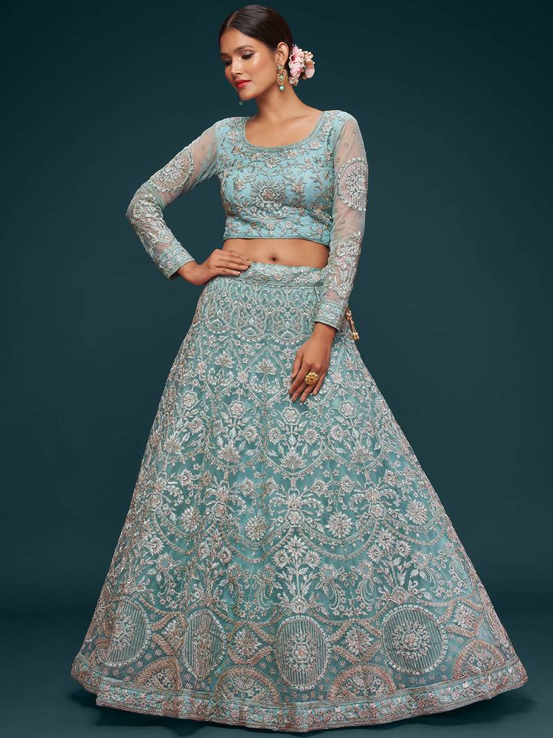 Glamorous Sea Blue Embroidered Net Wedding Wear Lehenga Choli