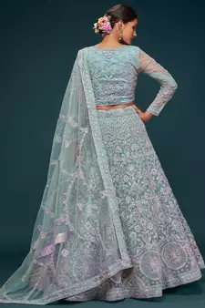 sea blue embroidered net lehenga set choli with dupatta