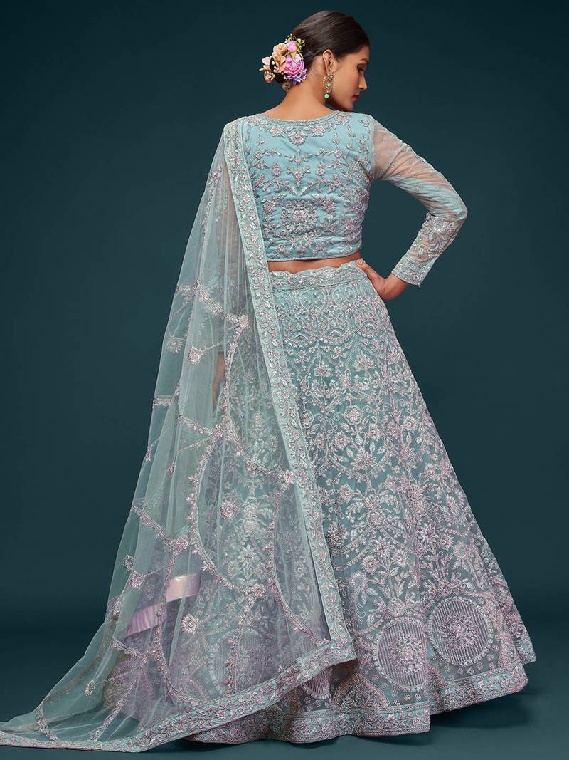 Glamorous Sea Blue Embroidered Net Wedding Wear Lehenga Choli