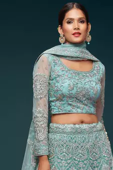 sea blue embroidered net lehenga set choli with dupatta