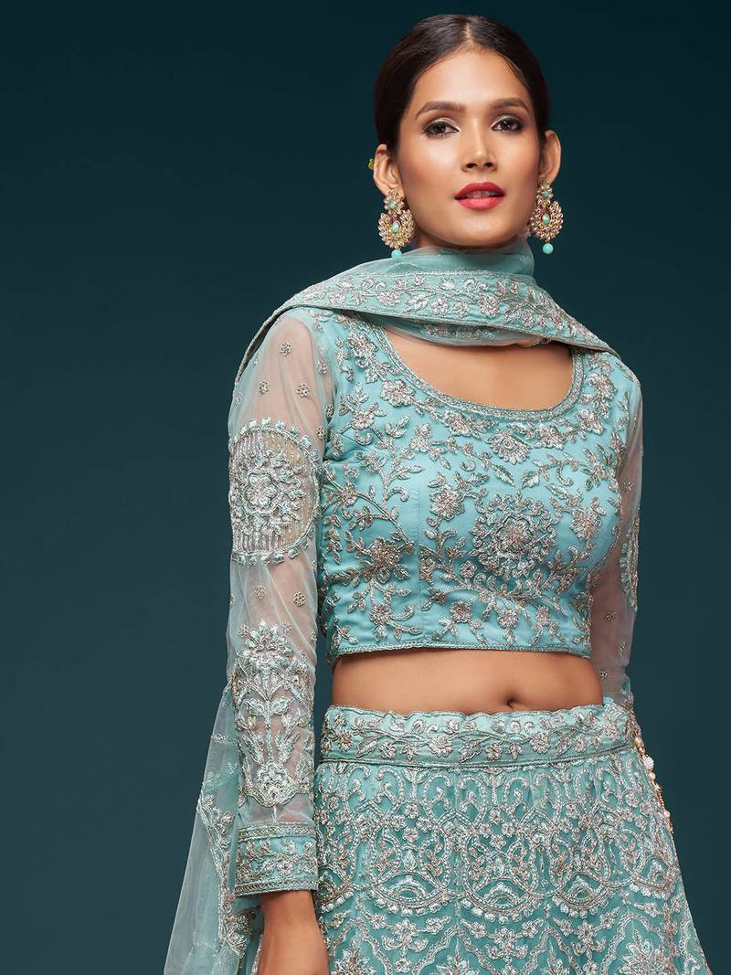 Glamorous Sea Blue Embroidered Net Wedding Wear Lehenga Choli