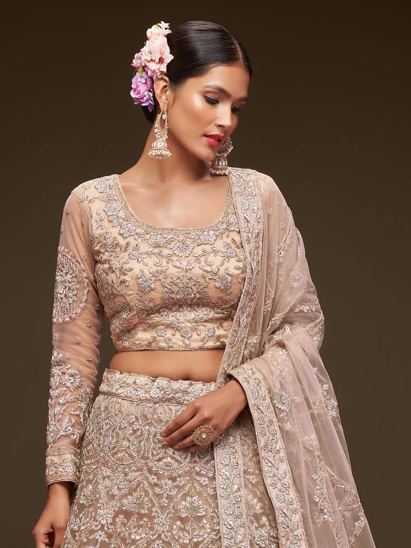 Glamorous Beige Embroidered Net Wedding Wear Lehenga Choli