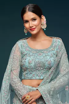 sea blue embroidered net lehenga set choli with dupatta