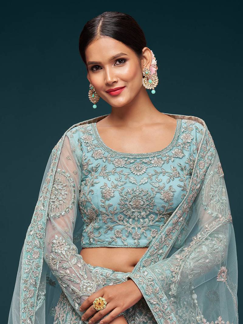 Glamorous Sea Blue Embroidered Net Wedding Wear Lehenga Choli