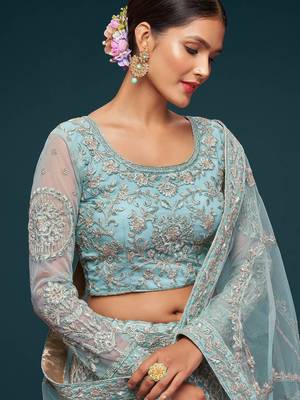 sea blue embroidered net lehenga set choli with dupatta 7
