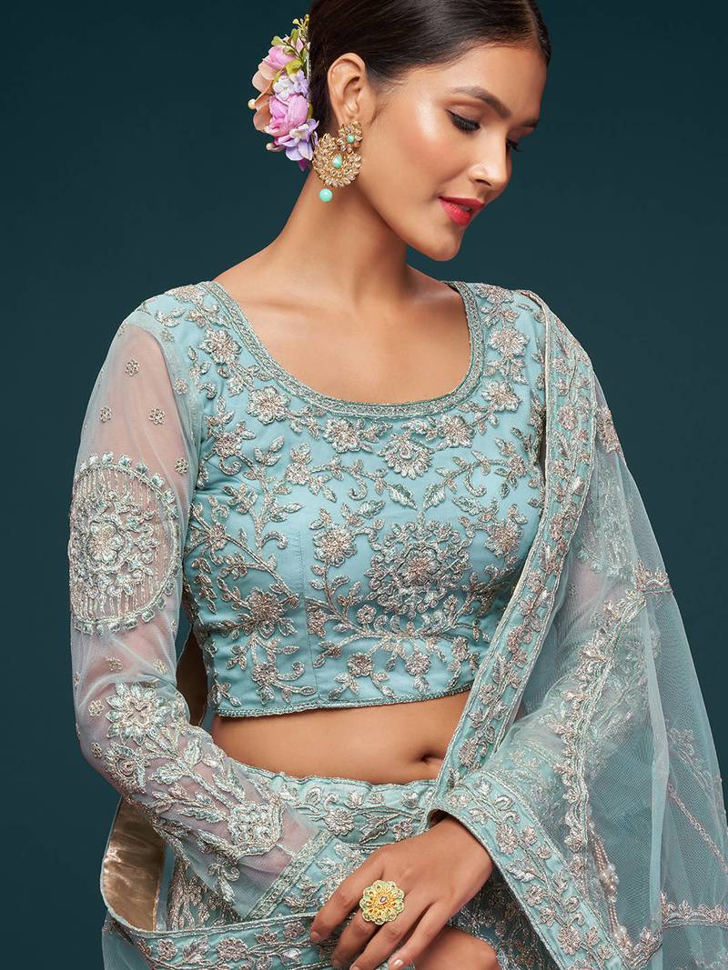 Glamorous Sea Blue Embroidered Net Wedding Wear Lehenga Choli