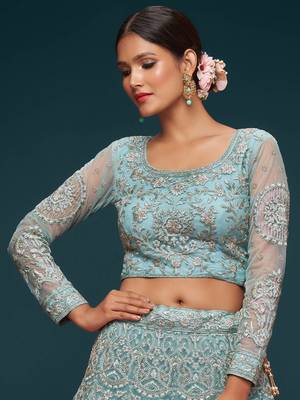 sea blue embroidered net lehenga set choli with dupatta 8