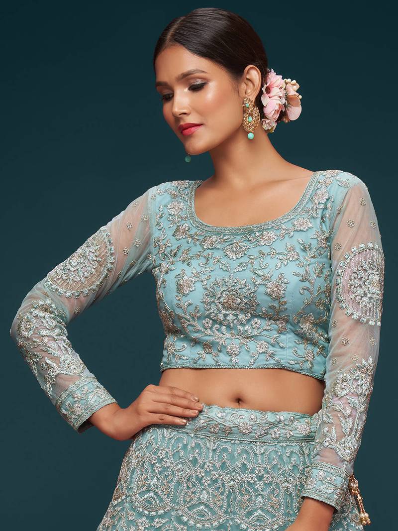 Glamorous Sea Blue Embroidered Net Wedding Wear Lehenga Choli