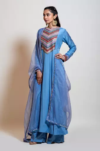 Greyish Blue Anarkali Set.
