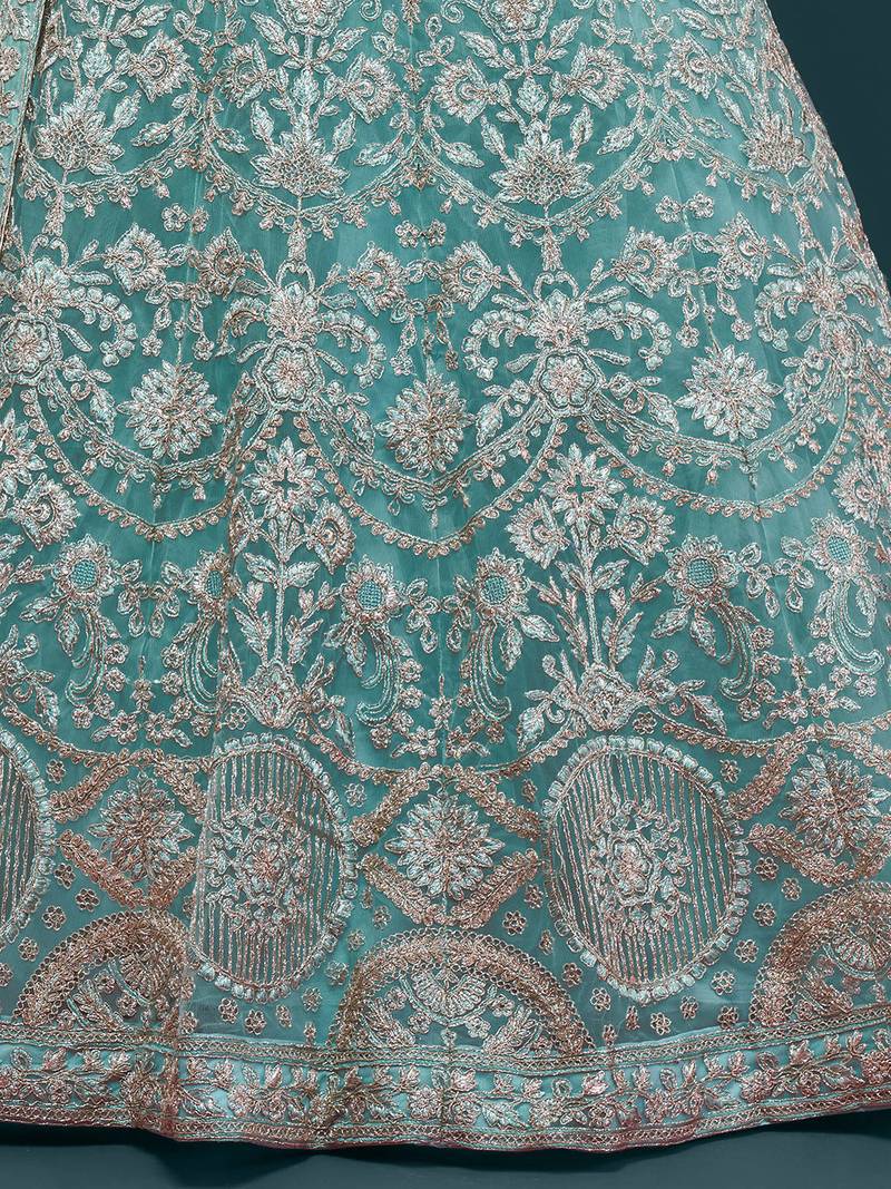 Glamorous Sea Blue Embroidered Net Wedding Wear Lehenga Choli