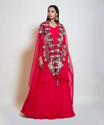 Fuchsia Rose Pink Cape Lehenga Set 1