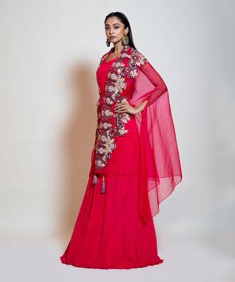 Fuchsia Rose Pink Cape Lehenga Set 2