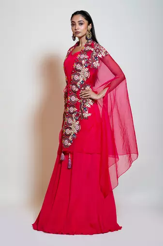 Fuchsia Rose Pink Cape Lehenga Set