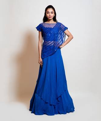 Electric Blue Cape Lehenga Set 1