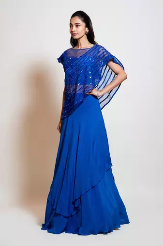 Electric Blue Cape Lehenga Set