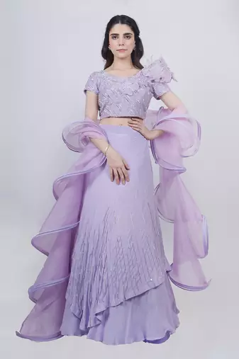 Lavender Structured Blouse With Double Layered Skirt