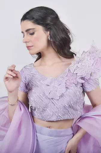 Lavender Structured Blouse With Double Layered Skirt