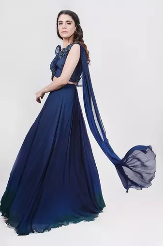 Midnight Blue Structured Blouse Ombre Lehenga Set