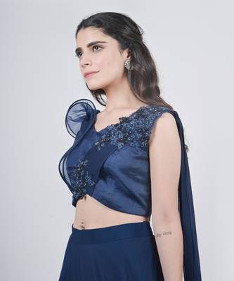 Midnight Blue Structured Blouse Ombre Lehenga Set 3