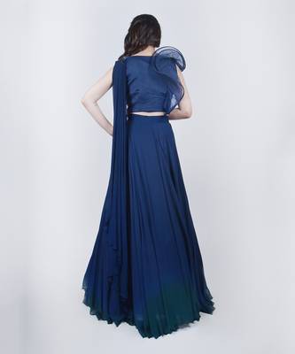 Midnight Blue Structured Blouse Ombre Lehenga Set 4