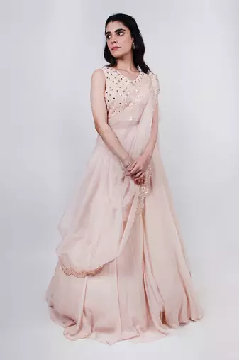Baby Pink Draped Dupatta Lehenga Set