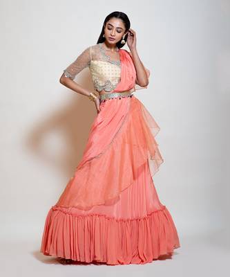 Peach Drape Lehenga Saree 1