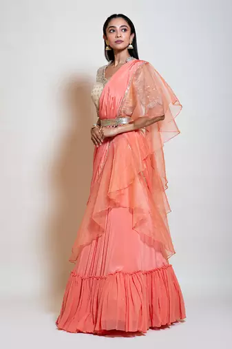 Peach Drape Lehenga Saree