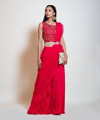 Fuchsia Rose Pink Sharara Saree Set 1