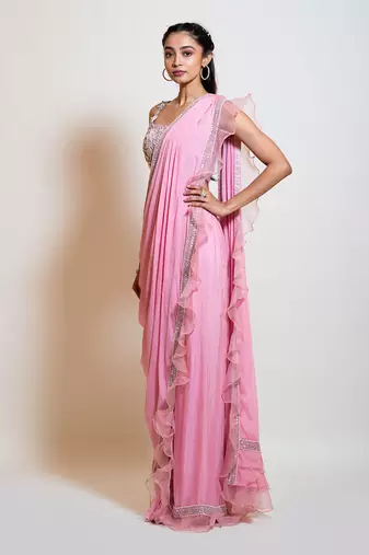 Blush Pink Drape Saree Set