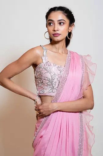 Blush Pink Drape Saree Set