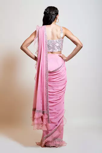 Blush Pink Drape Saree Set