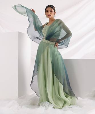 Green Wave Pant Saree 1