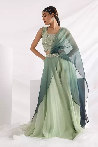 Green Wave Pant Saree