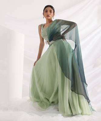 Green Wave Pant Saree 3