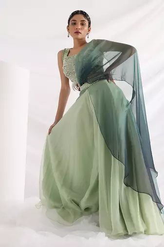 Green Wave Pant Saree