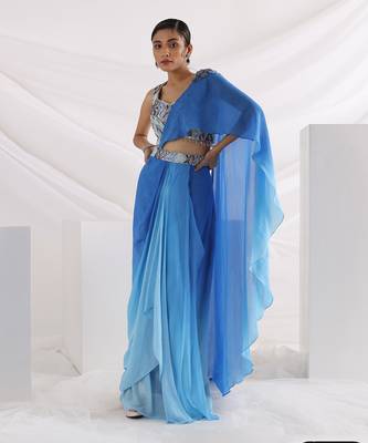 Oceanic Blue Drape Saree Set 1
