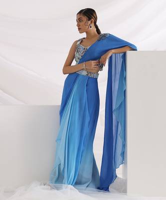 Oceanic Blue Drape Saree Set 2